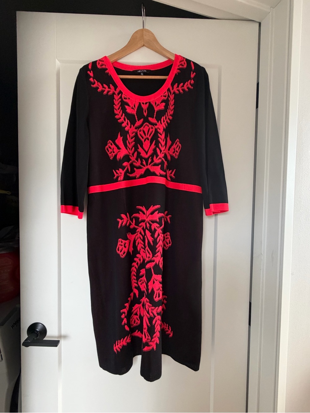 Misook Black Long-Sleeve Dress with Bright Red Embroidery